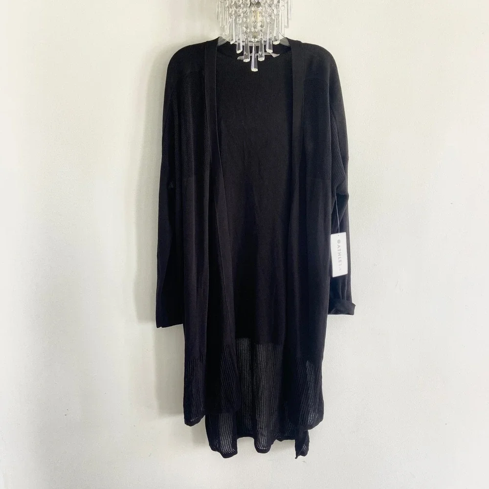 Athleta Kahala Wrap Black Open Front Mesh Cardigan XL 777968 Longline Sweater